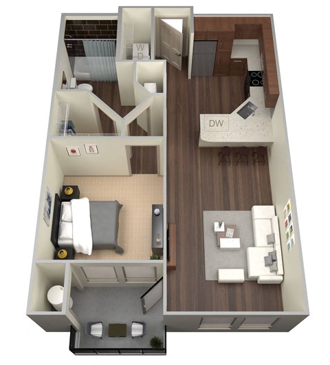 Floor plan for 1 bed, 1 bath, 606 sqft